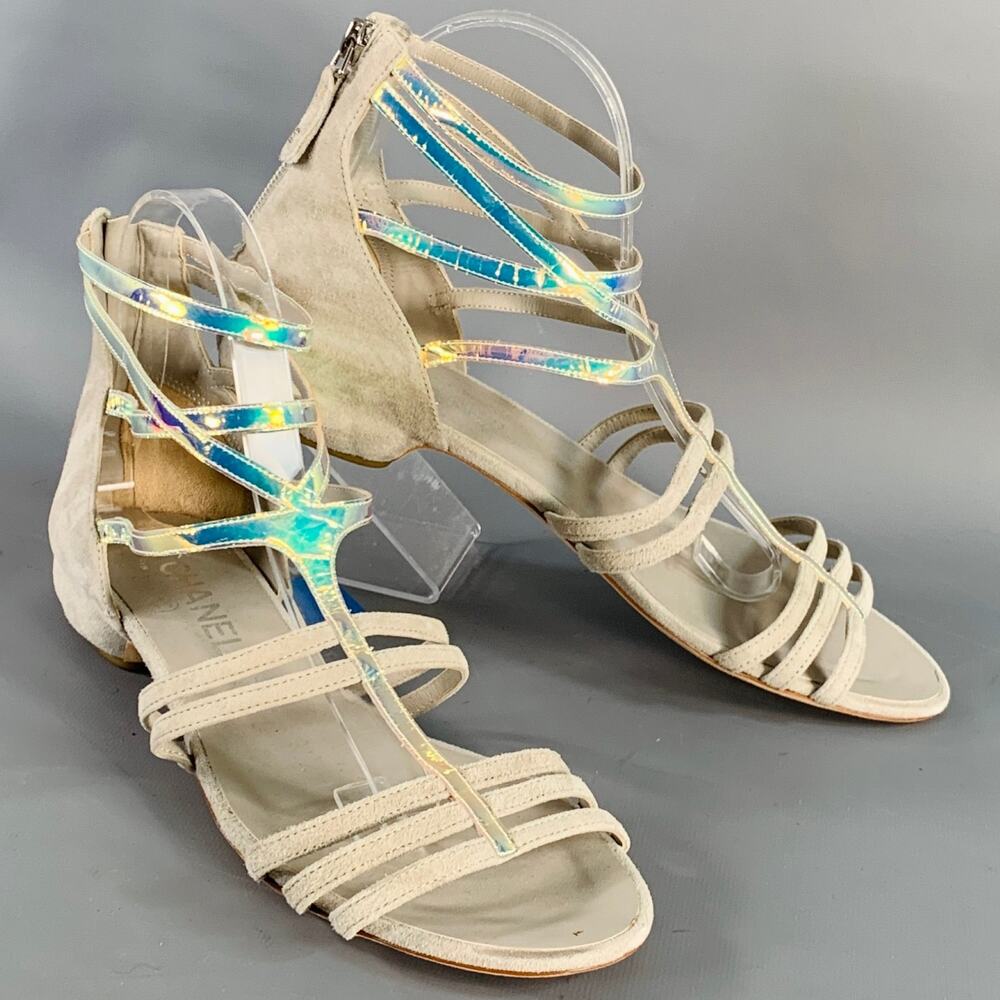 CHANEL Size 9.5 Grey Iridescent Suede Cage Sandals